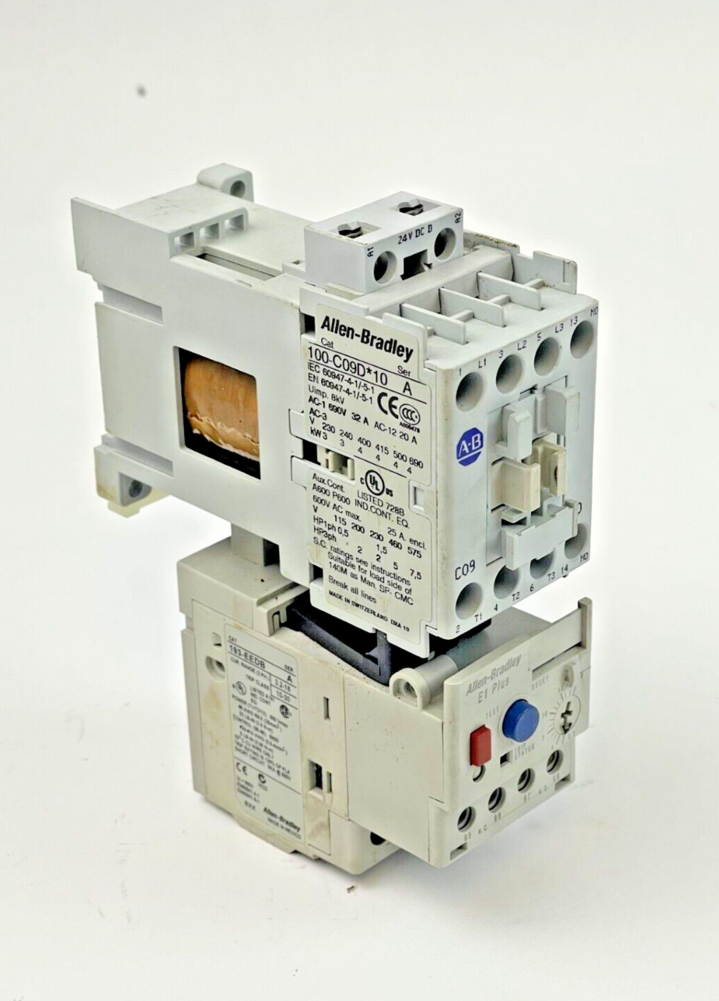 ALLEN-BRADLEY 100-C09D*10 SER. A CONTACTOR W 24VDC COIL & 193-EEDB SER. A RELAY