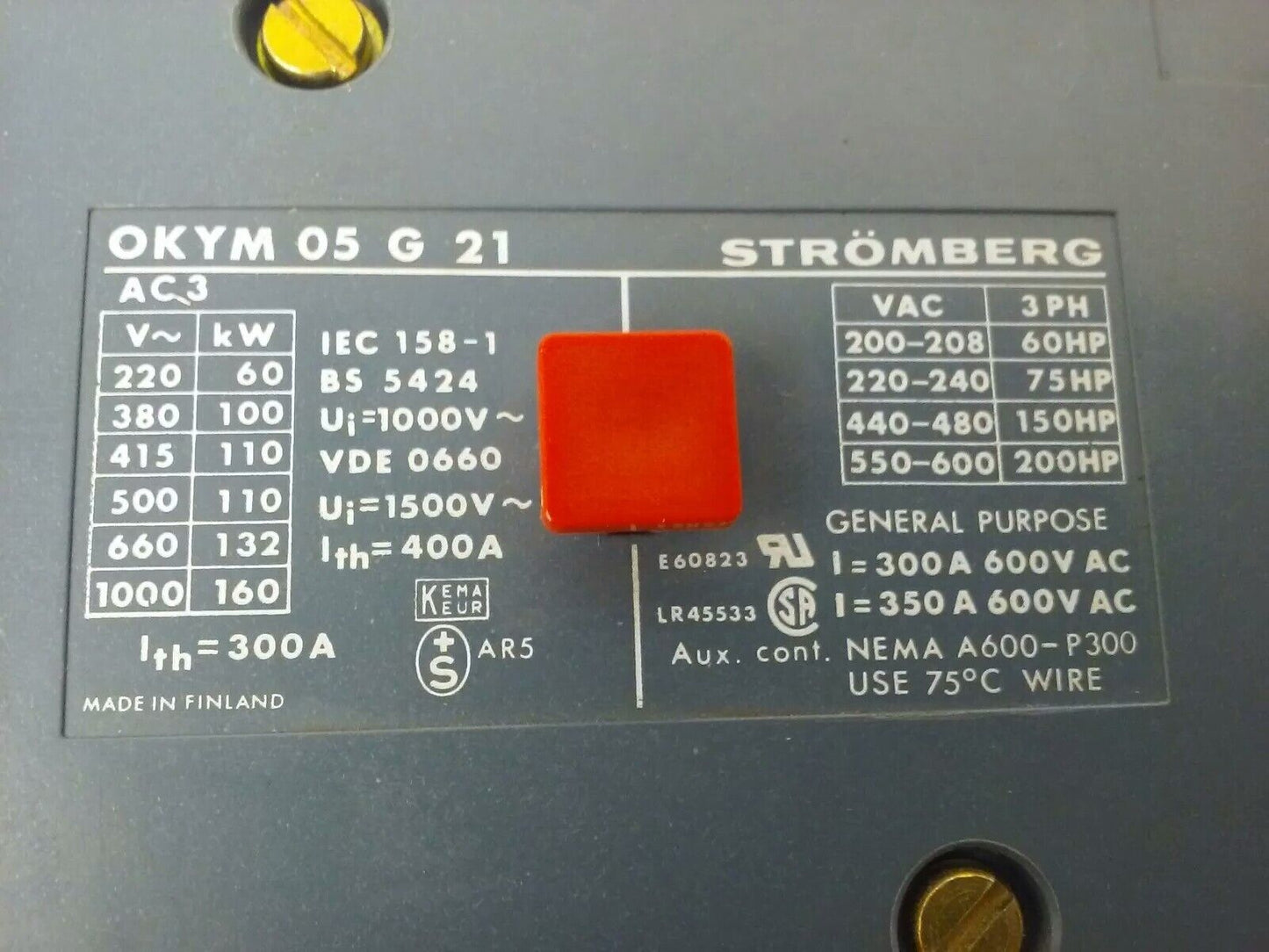 STROMBERG OKYM-05G21, CONTACTOR, 3PH, 600V, 200HP, 350A, 160KW, 125V COIL, USED