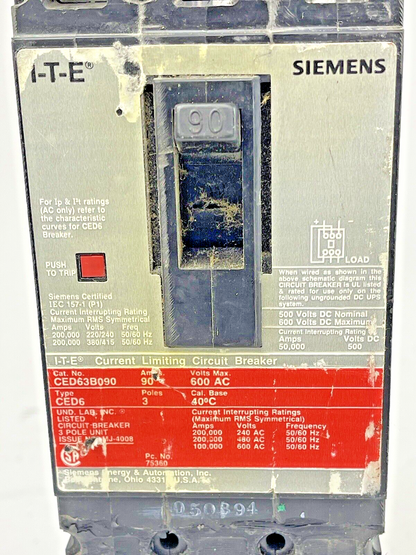 ITE - SIEMENS - CED63B090 - CIRCUIT BREAKER - 90 A, 600 VAC, 3 POLE, TYPE CED6