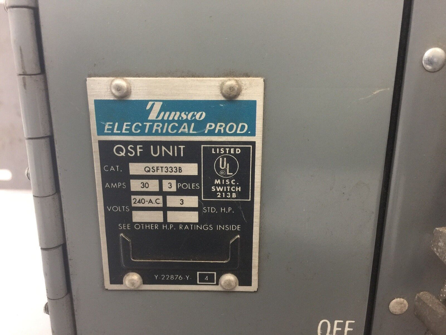 ZINSCO QSFT333B FUSIBLE TWIN PANELBOARD SWITCH 240VAC 30A 3 POLE