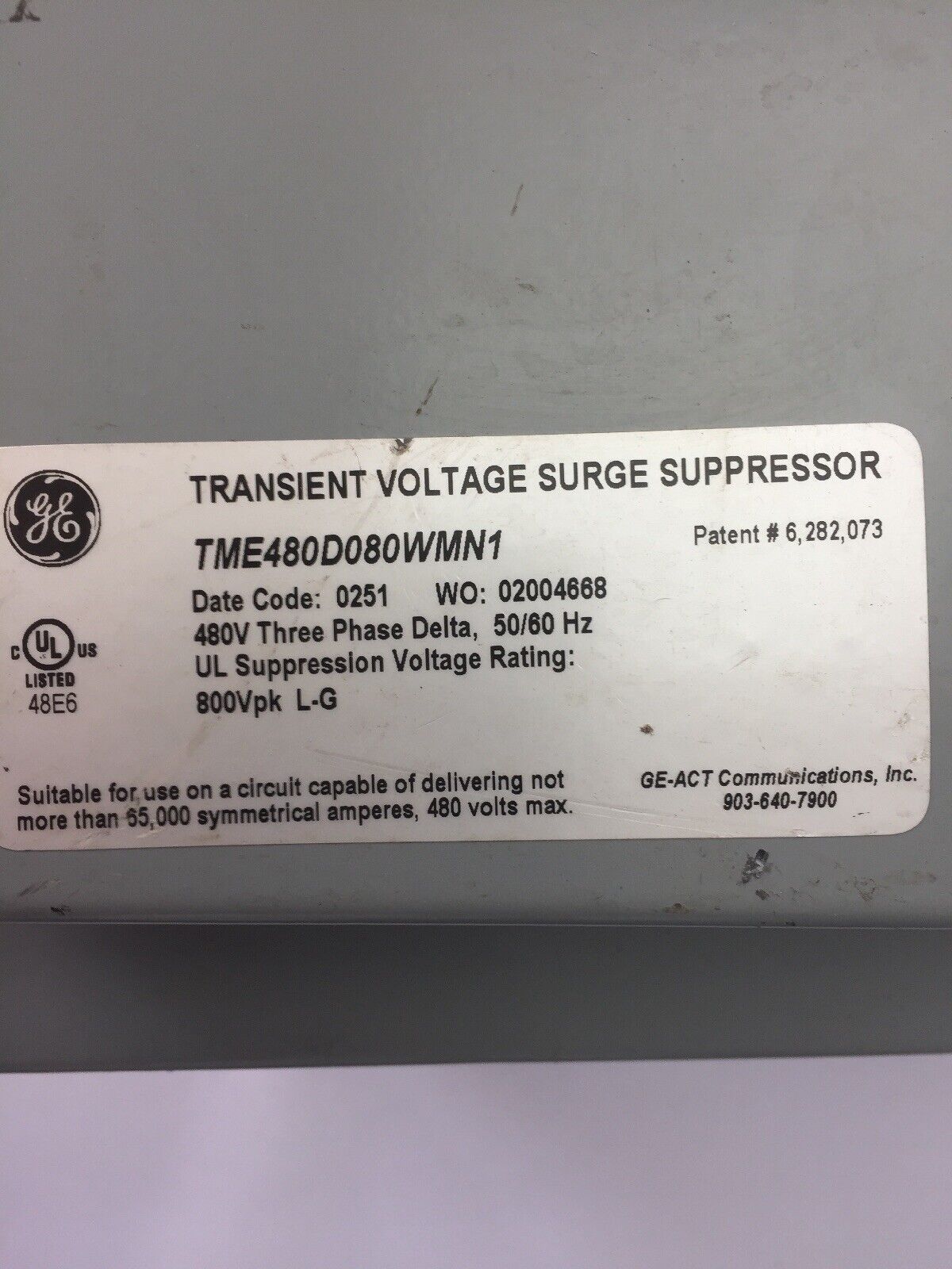 GE TME480D080WMN1 TRANSIENT VOLTAGE SURGE SUPPRESSOR 480V THREE PHASE DELTA