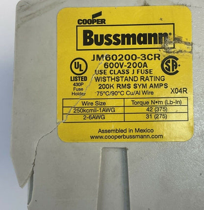 BUSSMANN JM60200-3CR FUSE HOLDER 600V 200A WITH LPJ-175SP FUSE 175AMP 600VAC