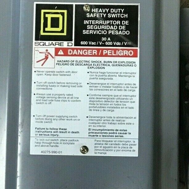 SQUARE D HU361 SAFETY SWITCH SER.F05 30A  TYPE1 ENCLOSURE NON FUSIBLE 600VAC/VDC