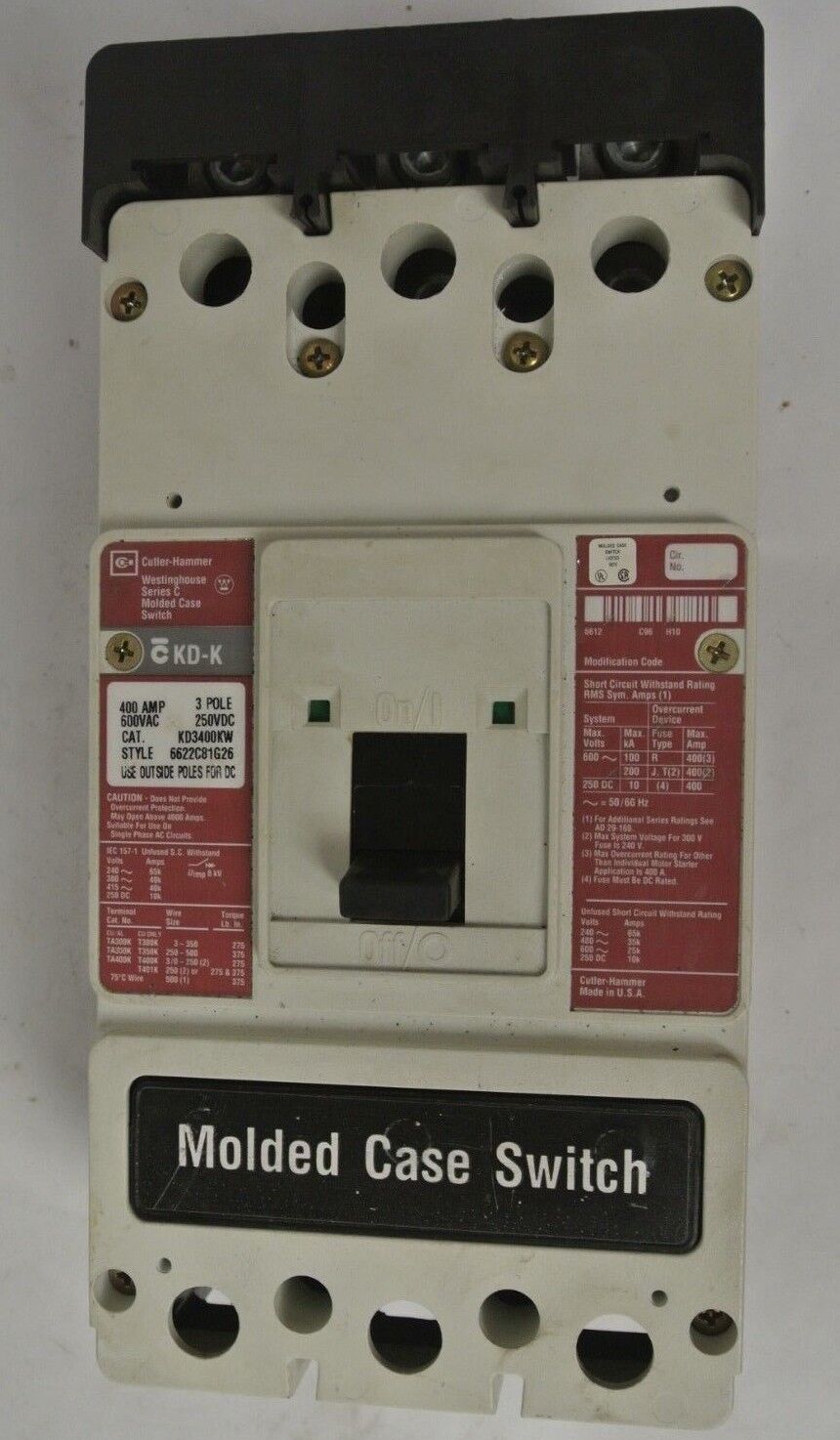 CUTLER-HAMMER / WESTINGHOUSE KD3400KW MOLDED CASE SWITCH - 600VAC 400A 250VDC 3P