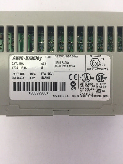 ALLEN BRADLEY 1794-IB16 24VDC SINK INPUT MODULE SER A REV A02 F/W REV BLANK