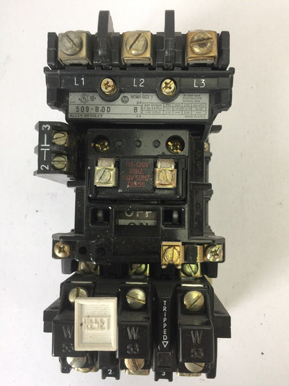 ALLEN BRADLEY 509-B0D SIZE 1 STARTER 600VAC 27AMP 10HP W53 HEATERS 120V COIL