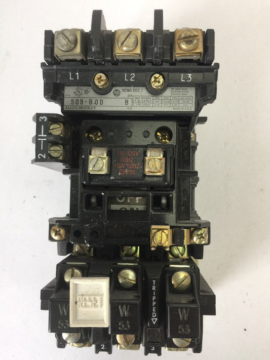 ALLEN BRADLEY 509-B0D SIZE 1 STARTER 600VAC 27AMP 10HP W53 HEATERS 120V COIL
