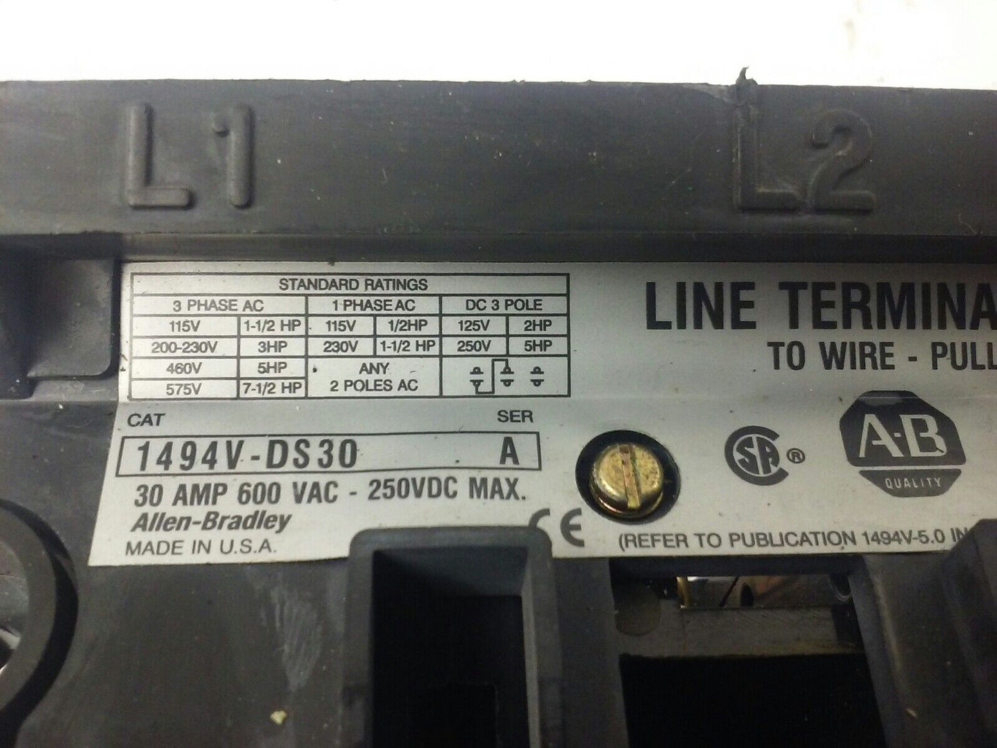 ALLEN BRADLEY 1494V-DS30 SER. A, FUSIBLE SWITCH, 3PH, 3P, 30A, 600V,1494V-FSR633
