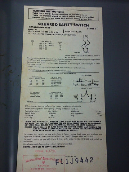 Square D H-261, H261, SER. D1, SAFETY SWITCH, FUSIBLE, 30A, 600V, 2 POLE, NEW