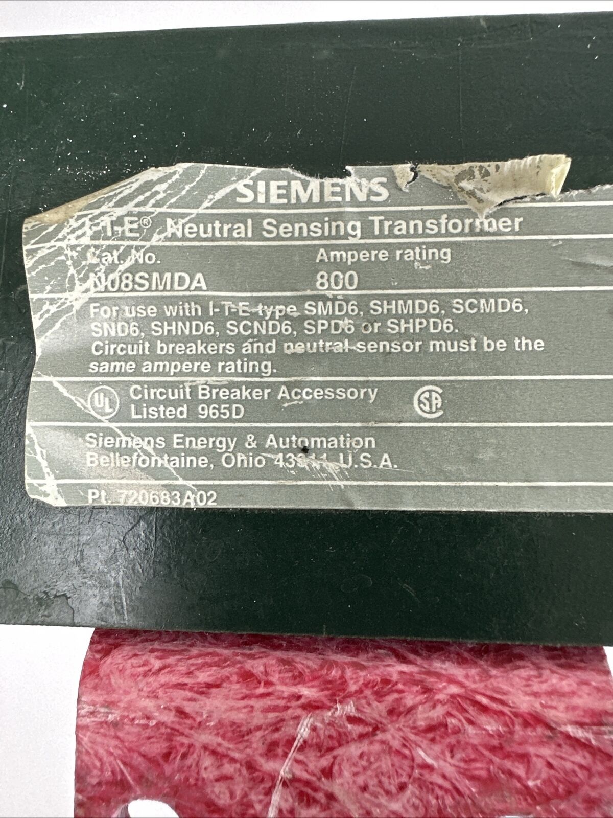 SIEMENS N08SMDA NEUTRAL SENSING TRANSFORMER 800AMP