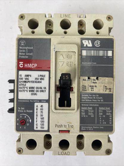 WESTINGHOUSE HMCP015E0CA04 SER C MOTOR CIRCUIT PROTECTOR 15A 600VAC 250VDC 3P