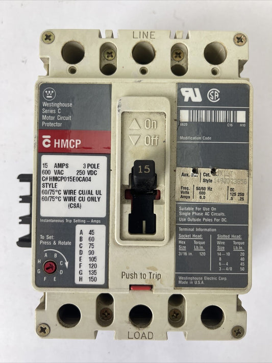 WESTINGHOUSE HMCP015E0CA04 SER C MOTOR CIRCUIT PROTECTOR 15A 600VAC 250VDC 3P