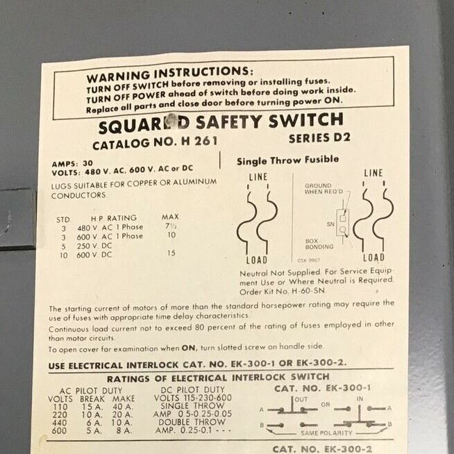 SQUARE D H261 SER. D2 SAFETY SWITCH 600VAC/DC 30AMP FUSIBLE 15HP