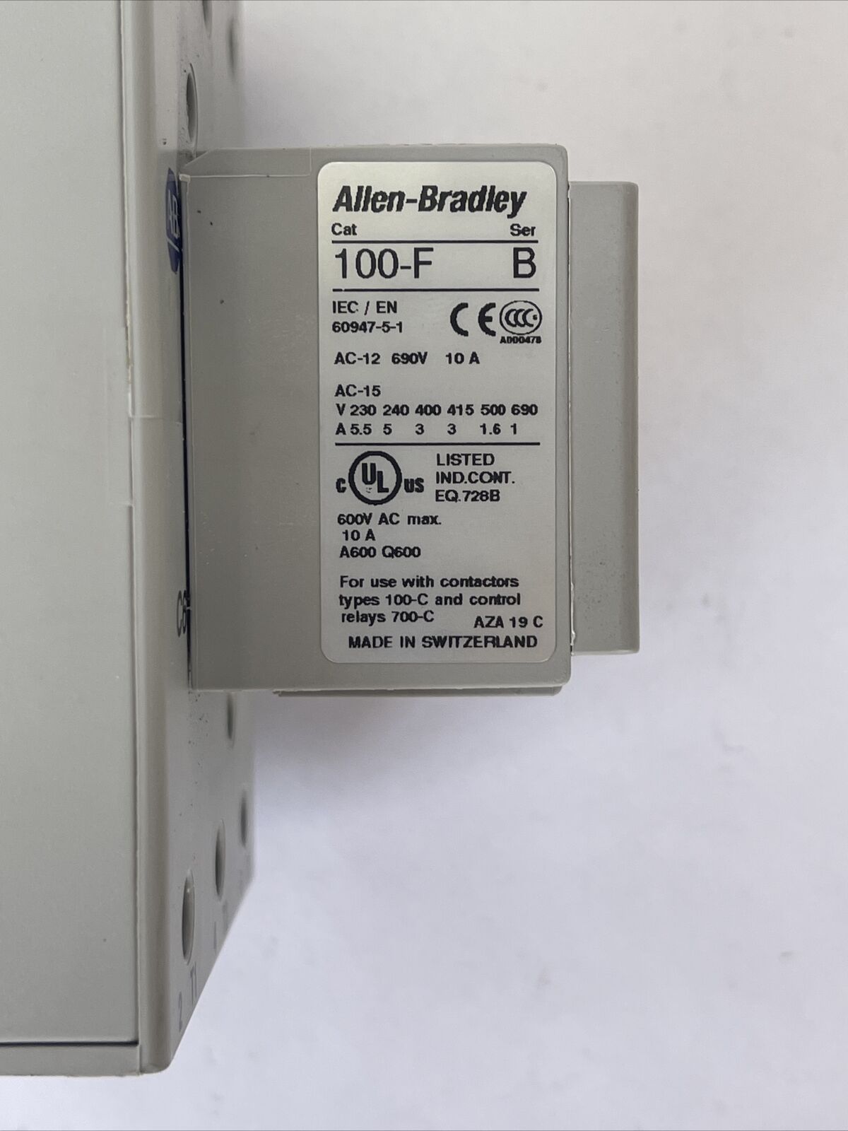 ALLEN BRADLEY 100-C60D*00 SER B CONTACTOR 600VAC 90A 50HP COIL 24VDC 100-F SER B