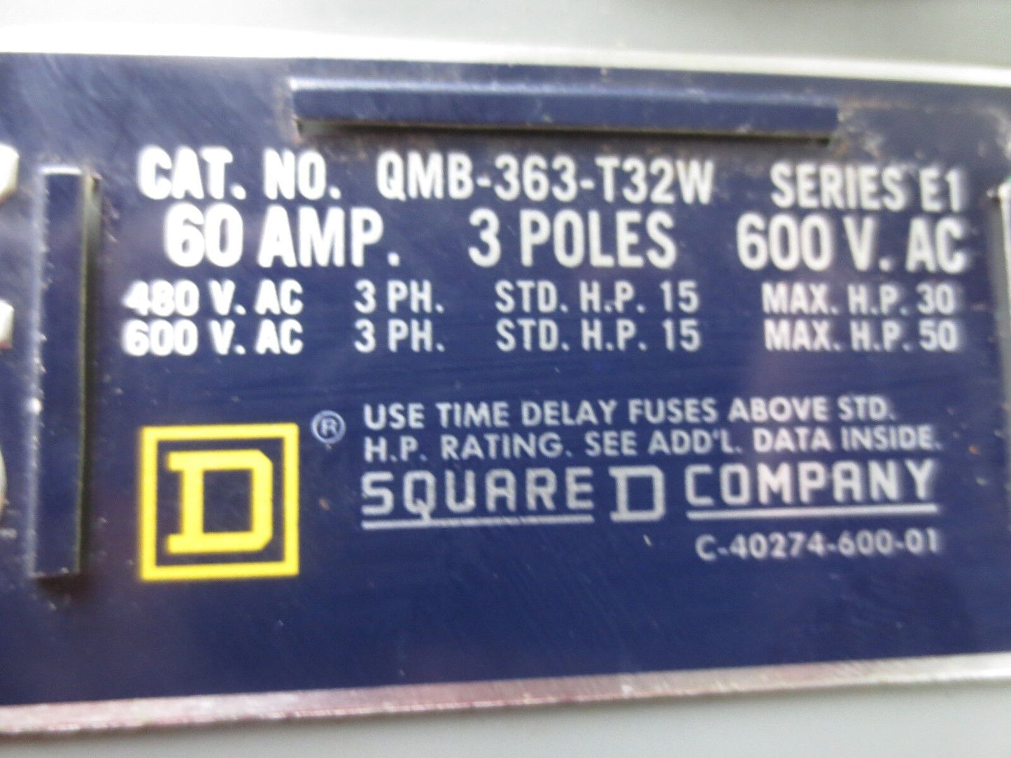 SQUARE D QMB-363-T32W TWIN PANELBOARD SWITCH 100A 600VAC 75HP 60A 600VAC 50HP