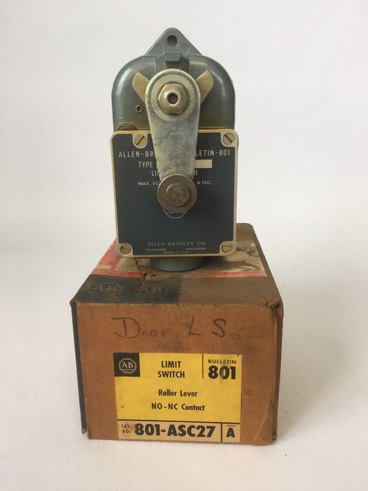 ALLEN BRADLEY 801-ASC27 LIMIT SWITCH ROLLER LEVER NO-NC CONTACTS 600V AC/DC
