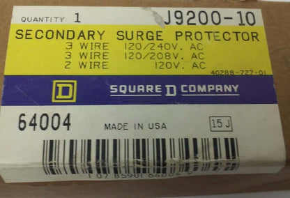 SQUARE D J9200-10 SECONDARY SURGE PROTECTOR, 2 WIRE@ 120V, 3 WIRE@ 120/208/240V