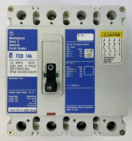 WESTINGHOUSE FDB4015L SER C INDUSTRIAL CIRCUIT BREAKER 15A 4P 600VAC 6638C32G84