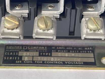 SQUARE D 8501 D082-S3 RELAY 600VAC 10AMP 690VA SERIES B COIL 120V 60CY 110V 50CY