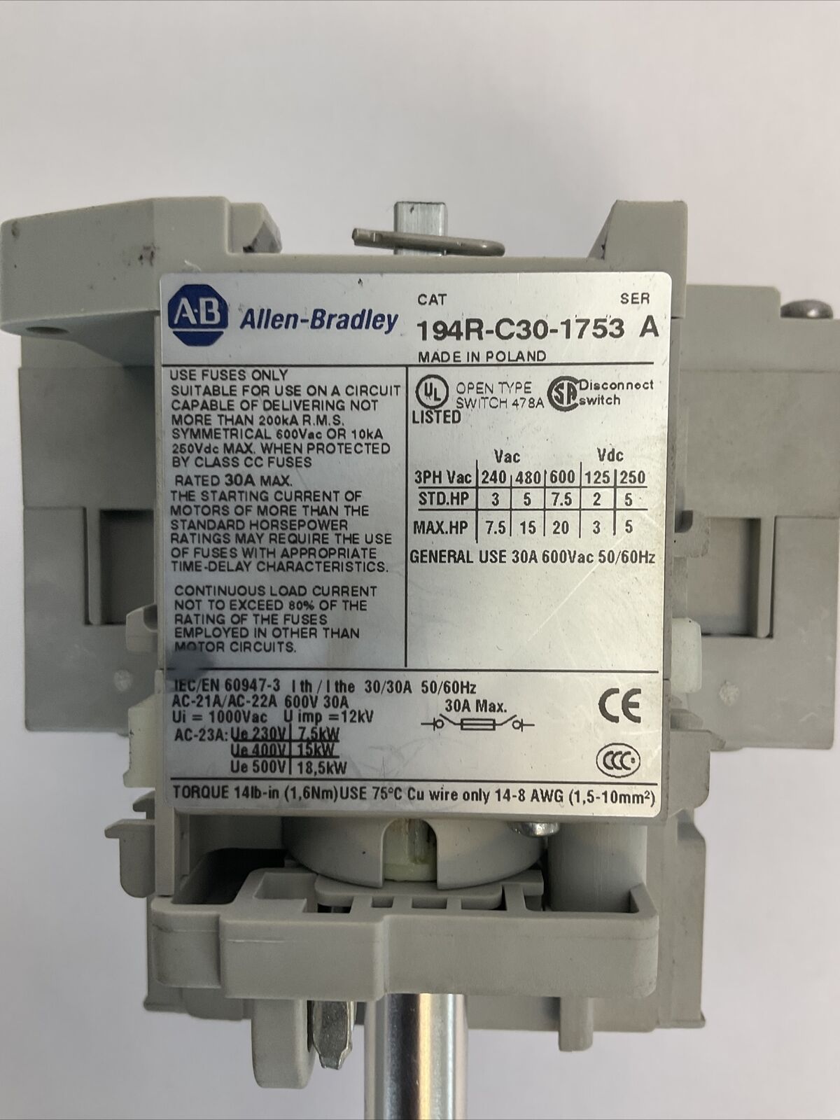 ALLEN BRADLEY 194R-C30-1753 DISCONNECT SWITCH 3PH 600VAC 20HP 250VDC 5HP 194R-N2