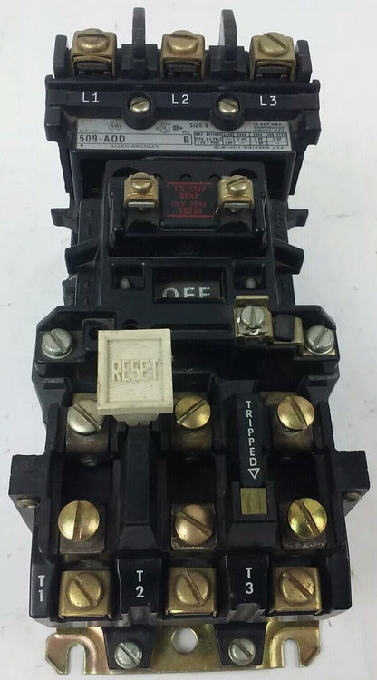 ALLEN BRADLEY 509-AOD, SER. B, STARTER, SIZE 0, 600V, 18A, 5 H.P.,120V COIL,USED