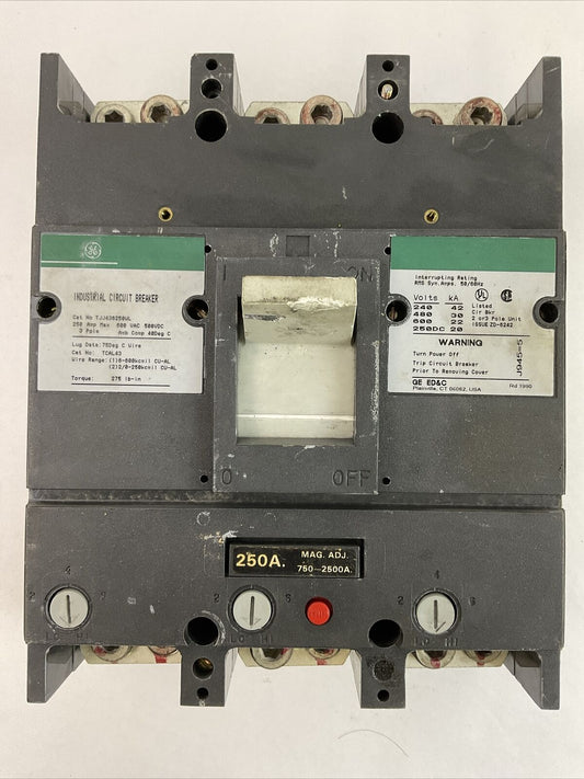 GE TJJ436250WL INDUSTRIAL CIRCUIT BREAKER 250AMP 600VAC 500VDC 3POLE