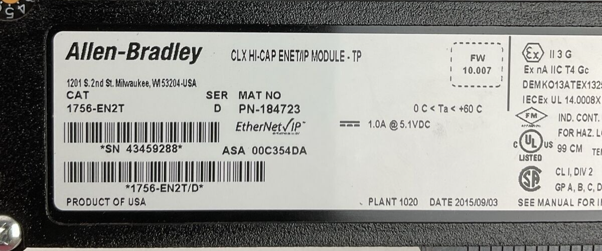 ALLEN BRADLEY 1756-EN2T SER D FW 10.007 CLX HI-CAP ENET/IP MODULE