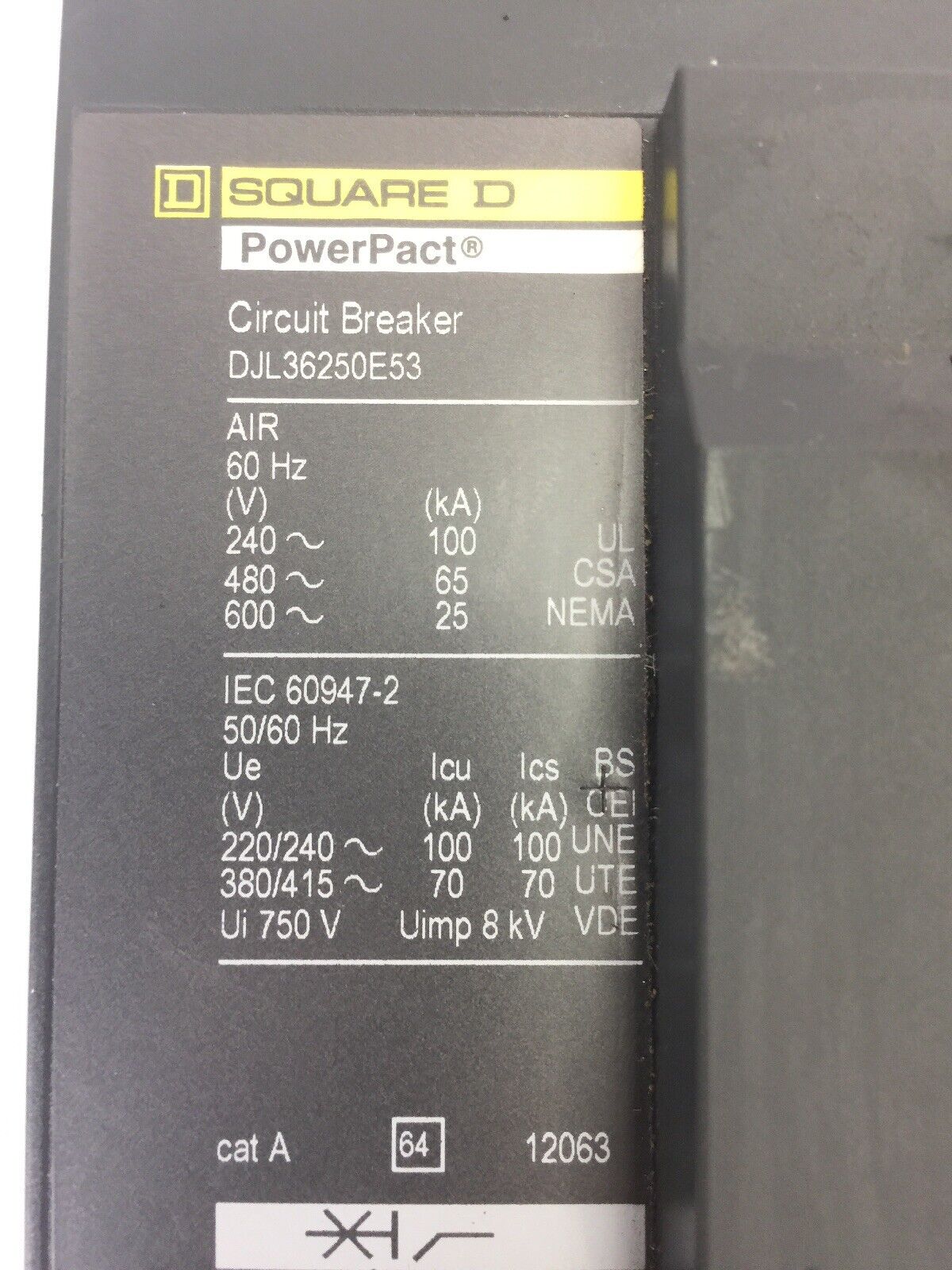 SQUARE D DJL36250E53 POWER PACK CIRCUIT BREAKER 600 VAC 250A