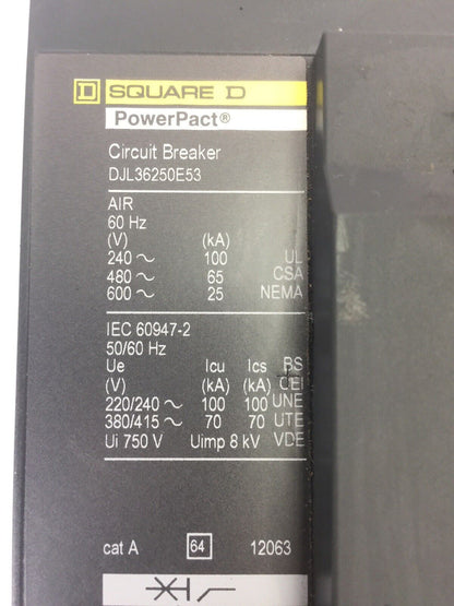 SQUARE D DJL36250E53 POWER PACK CIRCUIT BREAKER 600 VAC 250A