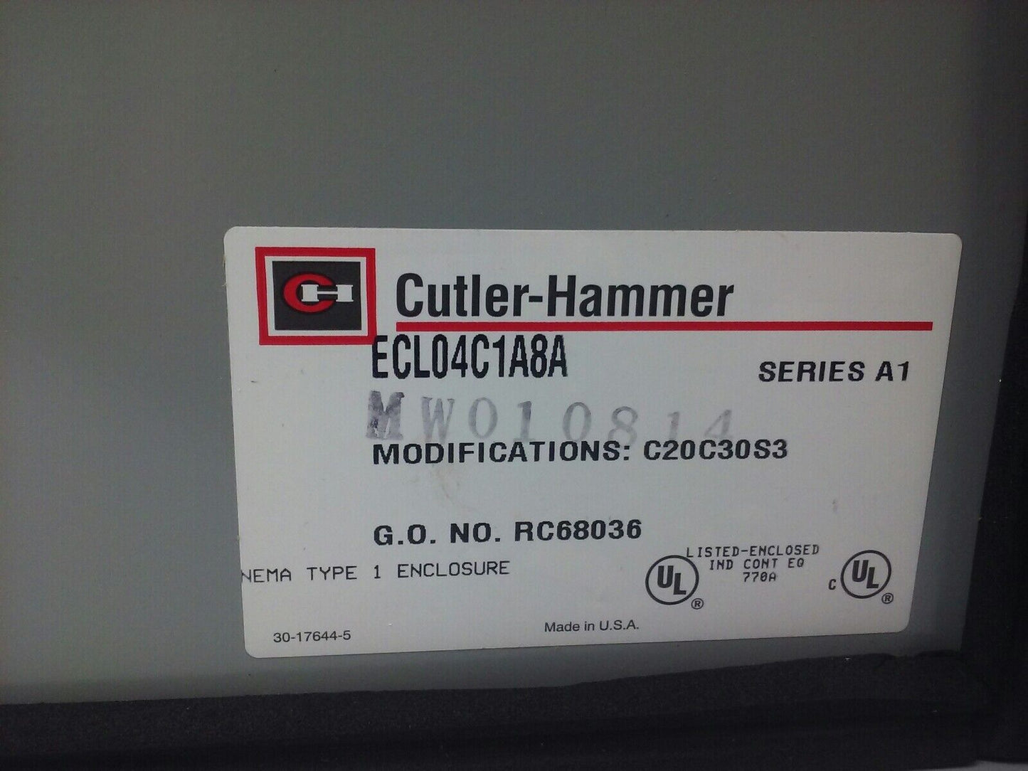 CUTLER HAMMER ECL04C1A8A SERIES A1 LIGHTING CONTACTOR TYPE 1 ENCL A202K1DAM