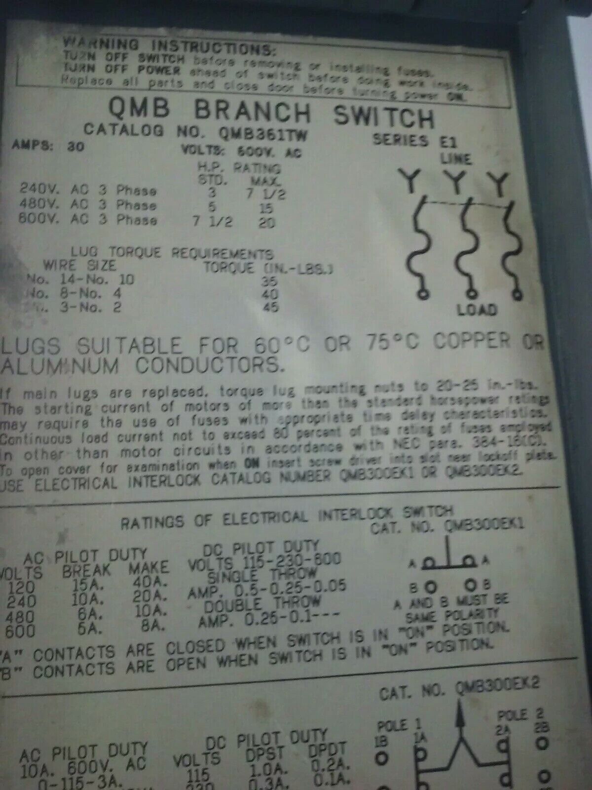 SQUARE D QMB361TW SERIES E1 FUSIBLE TWIN PANELBOARD SWITCH 30A 600V 3P 20HP