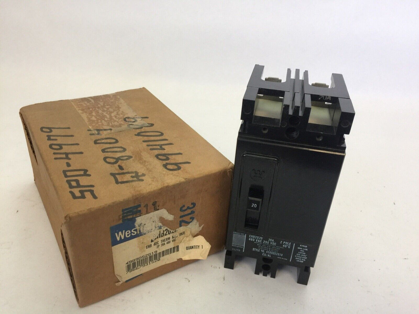 WESTINGHOUSE EHB2020 CIRCUIT BREAKER 20AMP 2POLE 480VAC 250VDC 4989D52G19