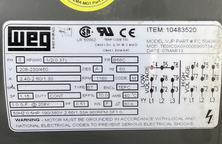 WEG HP06PB56C-208 MOTOR 3PHASE 230/460V 1160RPM 1/2HP 60HZ FRAME B56C