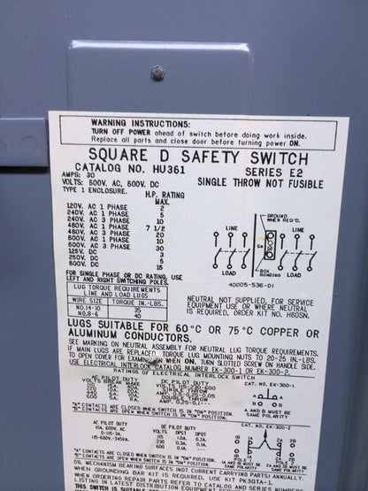 SQUARE D 30 AMP SAFETY SWITCH NON FUSED HU361 TYPE 1