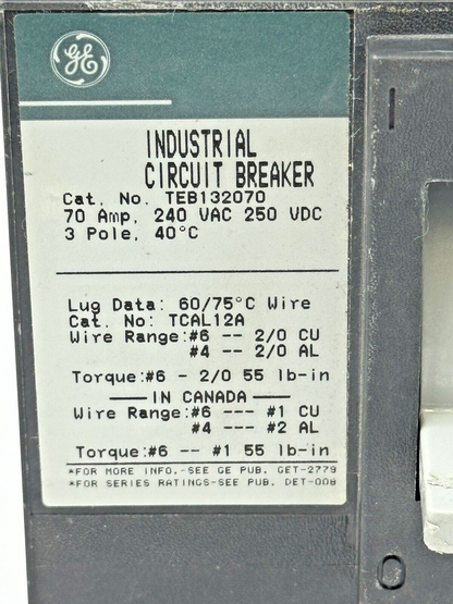 GE - TEB132070 - INDUSTRIAL CIRCUIT BREAKER - 70A/ 240 VAC/250 VDC/ 3 POLE