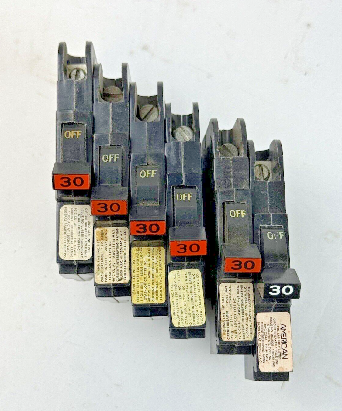 FPE *LOT OF 6* - 030 / NC130 - STAB-LOK BREAKERS - 1 POLE/240VAC/30A - NEW***