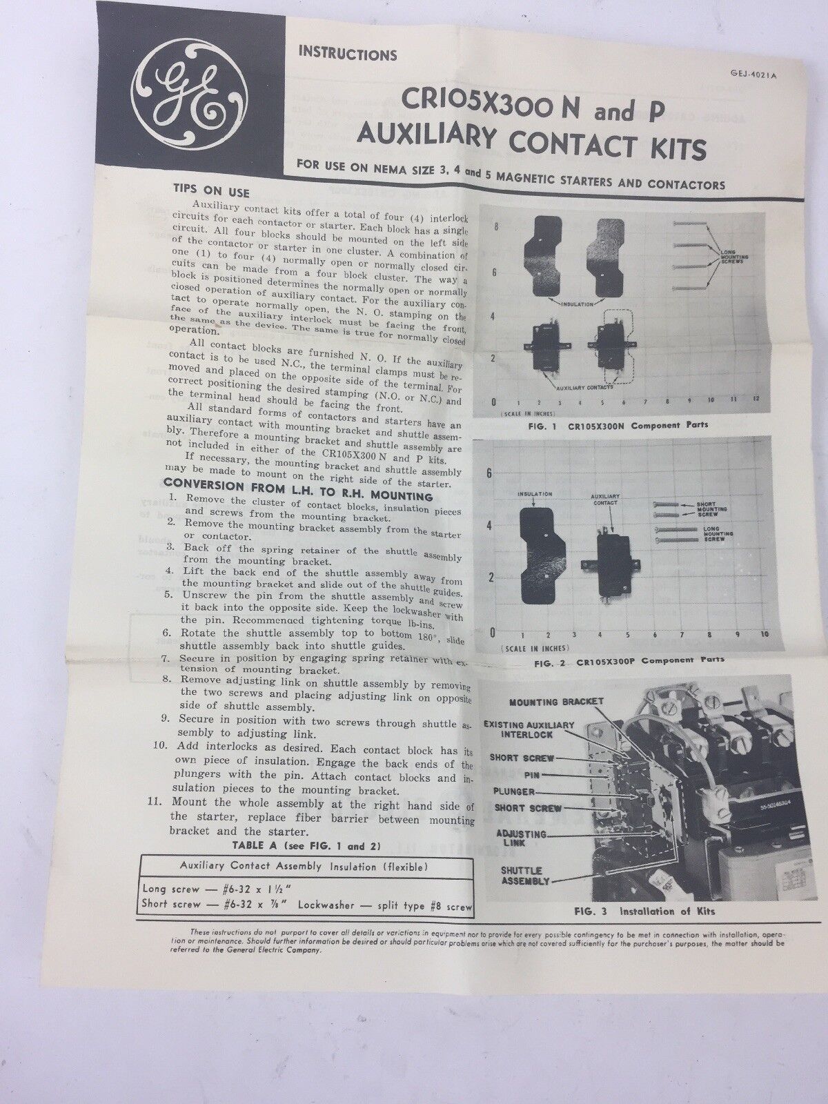 GE CR105X300N AUXILIARY KIT FOR SIZE 3-4 600V