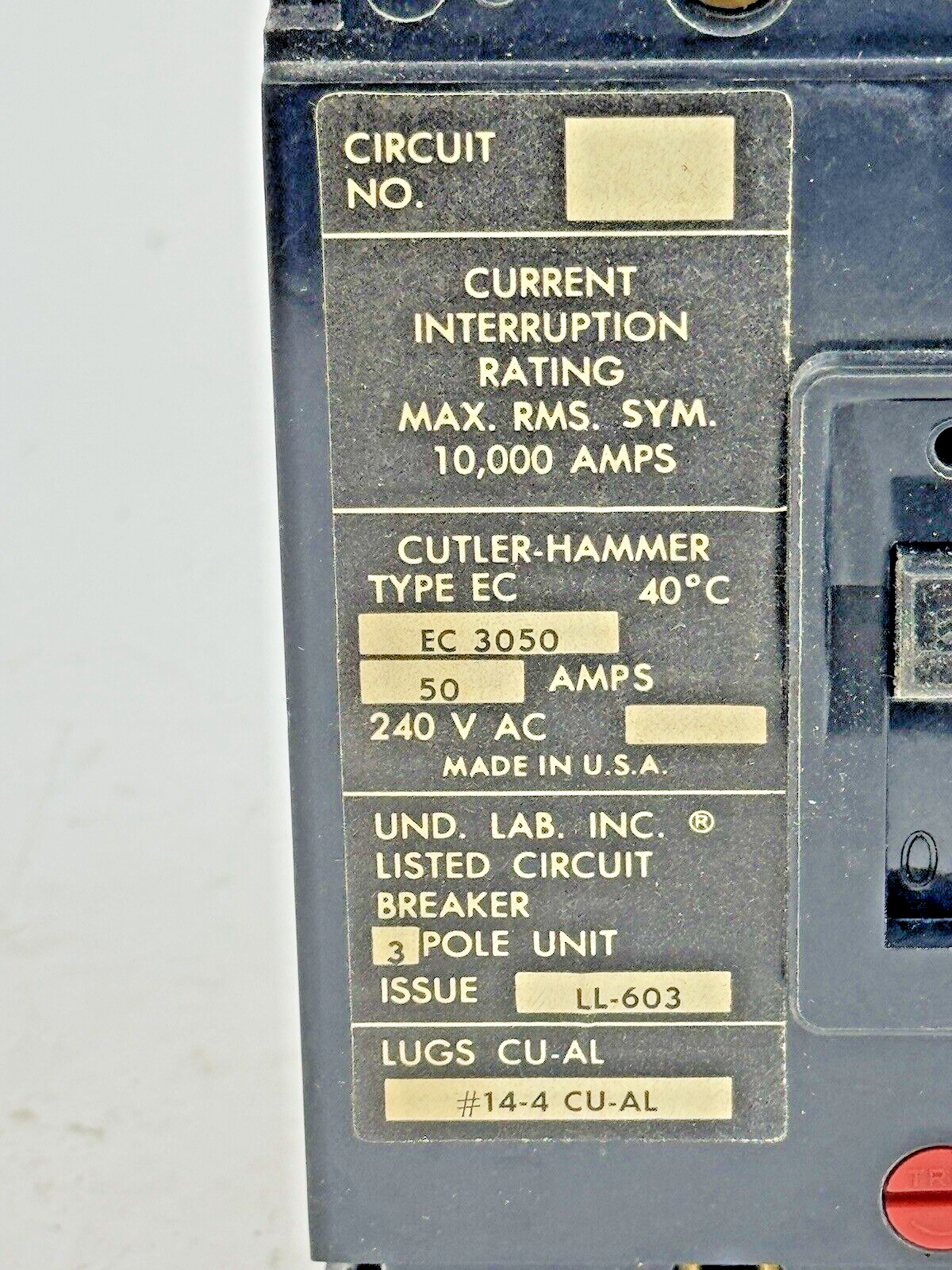 CUTLER-HAMMER - EC3050 - CIRCUIT BREAKER - 50 A, 240 VAC, 3 POLE - NEW OLD STOCK