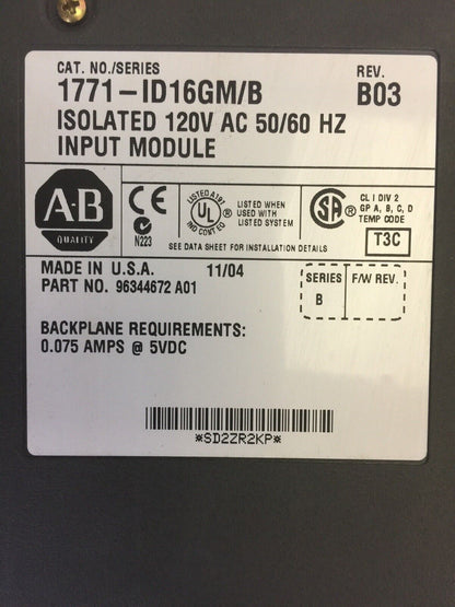 ALLEN BRADLEY 1771-ID16GM/B INPUT MODULE REV B03 ISOLATED 120 VAC 50/60 HZ