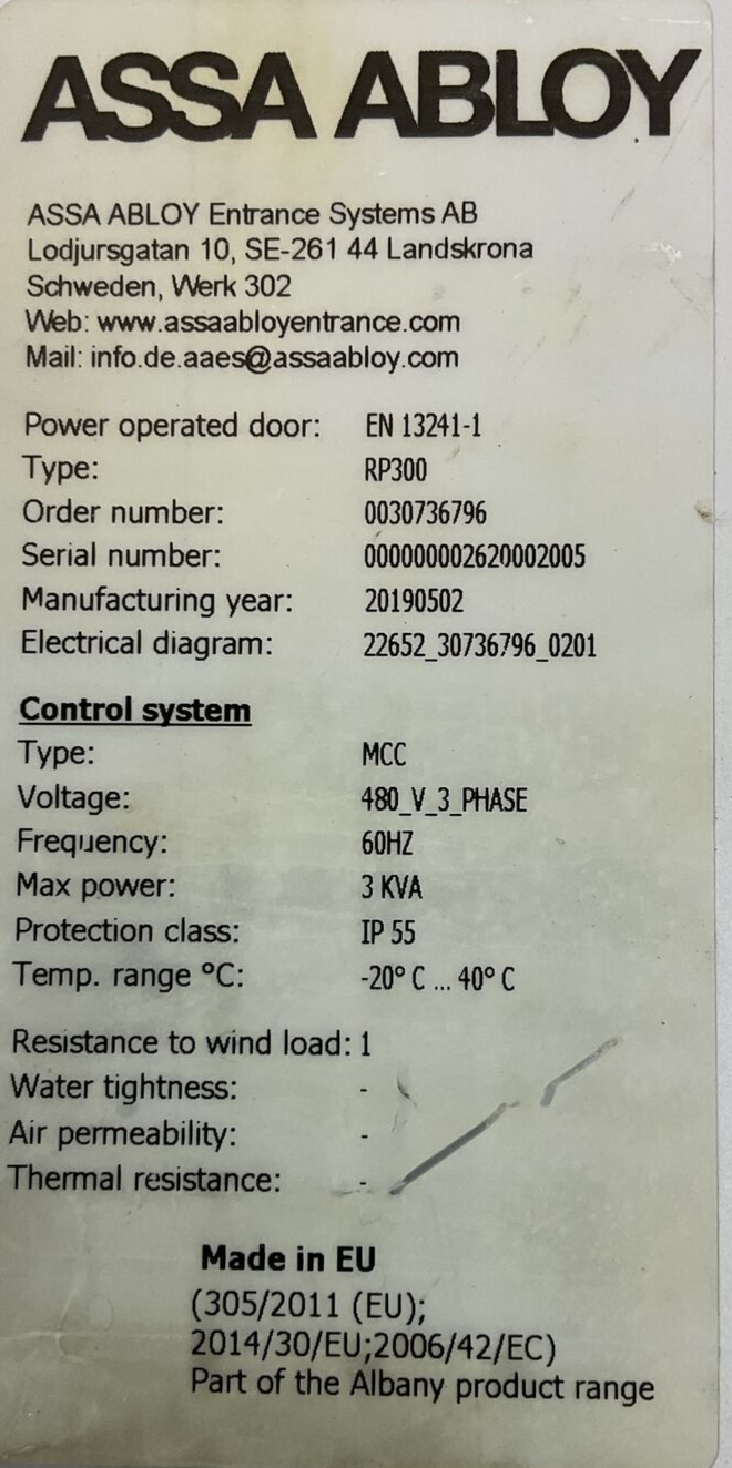 ASSA ABLOY ENTRANCE SYSTEMS AB TYPE RP300 480VAC 50/60HZ 3-PHASE 8FLA 5.5KW 3KVA