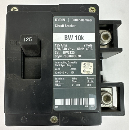 EATON CUTLER HAMMER BW2125 CIRCUIT BREAKER 125A 2P 120/240VAC 7803C08G70 BW 10K