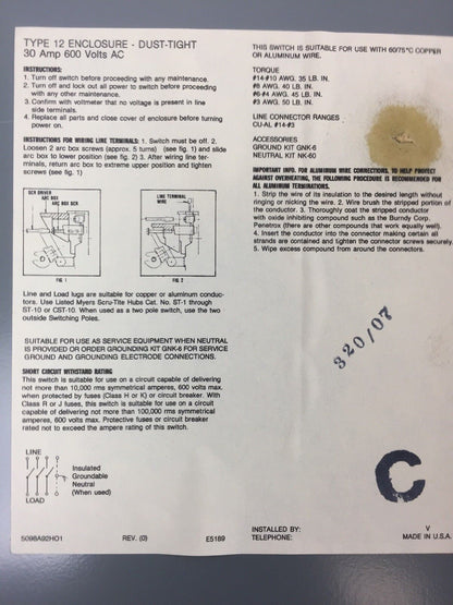 WESTINGHOUSE JHUN361 HEAVY DUTY SAFETY SWITCH 600 VAC 30 AMP