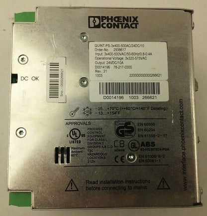 PHOENIX CONTACT POWER SUPPLY,QUINT-PS-3X400-500AC/24VDC/10 , ADJUST 22.5-28.5V