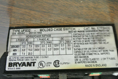 BRYANT 67FSN30 FUSED DISCONNECT SWITCH / 30A / 3-POLE / 600VAC / NEW SURPLUS