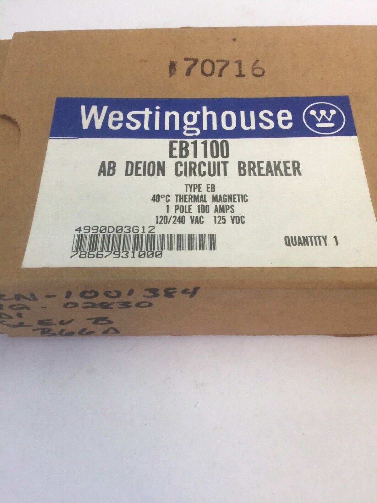 WESTINGHOUSE EB1100 CIRCUIT BREAKER 50AMP 1POLE 120/240VAC 125VDC 4990D03G12