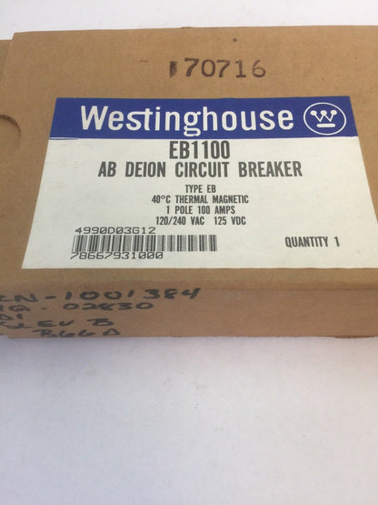 WESTINGHOUSE EB1100 CIRCUIT BREAKER 50AMP 1POLE 120/240VAC 125VDC 4990D03G12