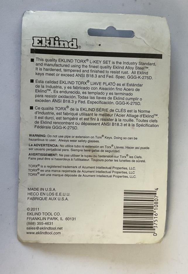 EKLIND 10807 TORX L 7 KEYS IN PACKAGE