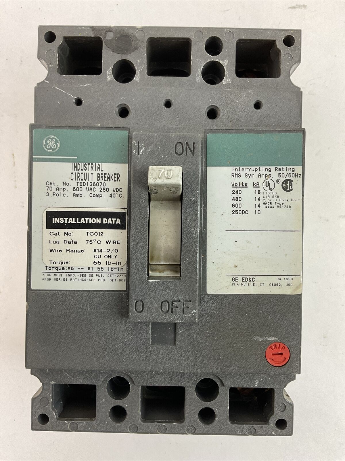 GE TED136070 INDUSTRIAL CIRCUIT BREAKER 70AMP 600VAC 250VDC 3POLE