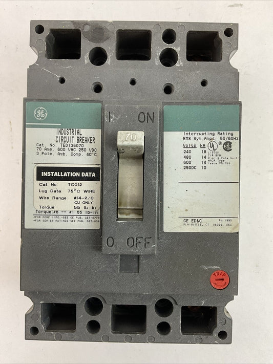 GE TED136070 INDUSTRIAL CIRCUIT BREAKER 70AMP 600VAC 250VDC 3POLE