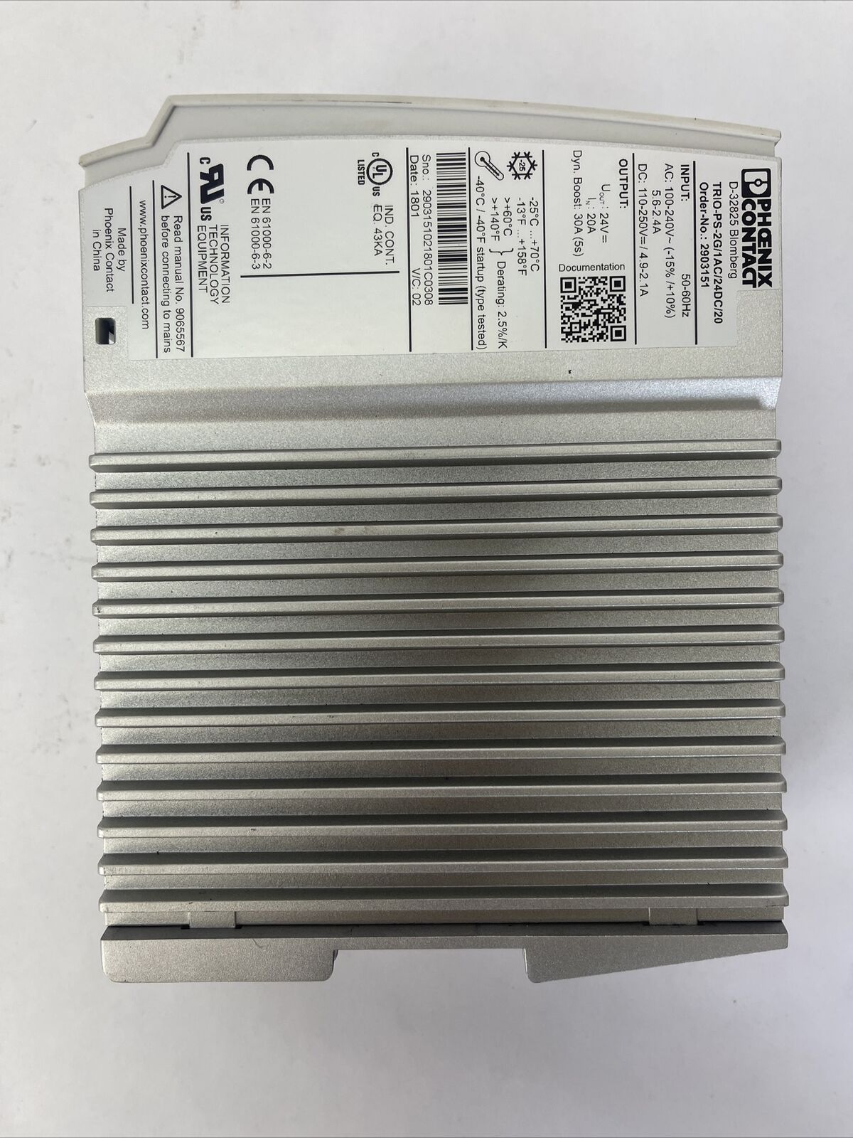 PHOENIX CONTACT TRIO-PS-2G/1AC/24DC/20 POWER SUPPLY OUTPUT 24VDC 20A INPUT